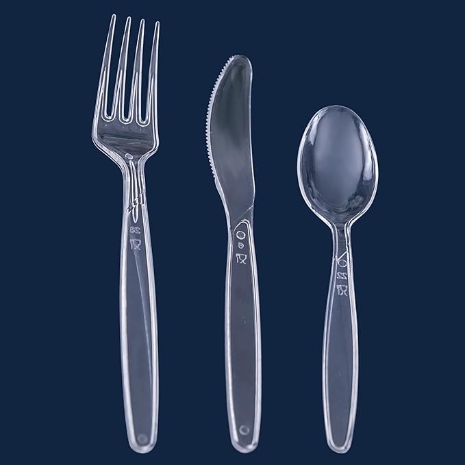 PARTY BARGAINS Disposable Cutlery Set 120-Piece – Sapphire Settings Clear Plastic Forks Spoons Knives – Heavy-Duty Utensils for Parties Catering Weddings & Events – BPA Free
