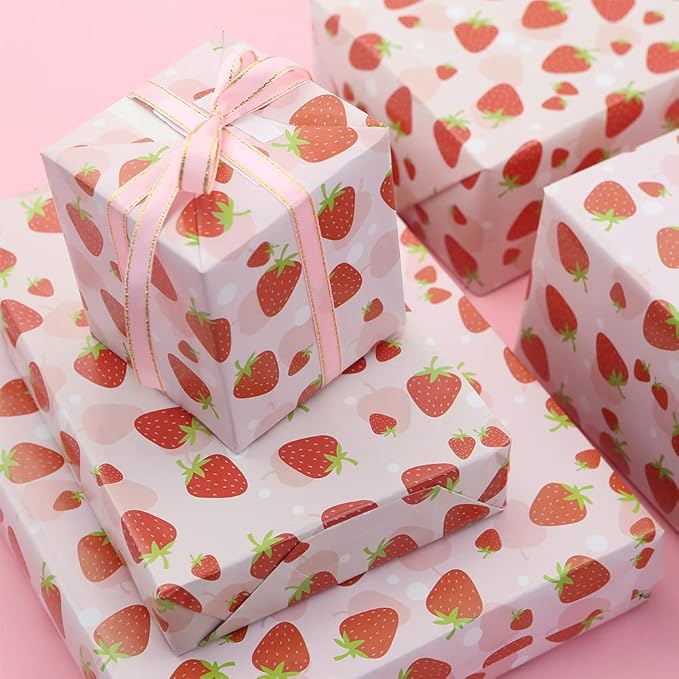 Strawberry Wrapping Paper Happy Birthday Girls Kids 6 Sheets, Cute Sweet Strawberries Fruity Design Perfect DIY Gift Wrap Pink Wraping Paper for Birthday, Holiday, Wedding, Baby Shower, Christmas,