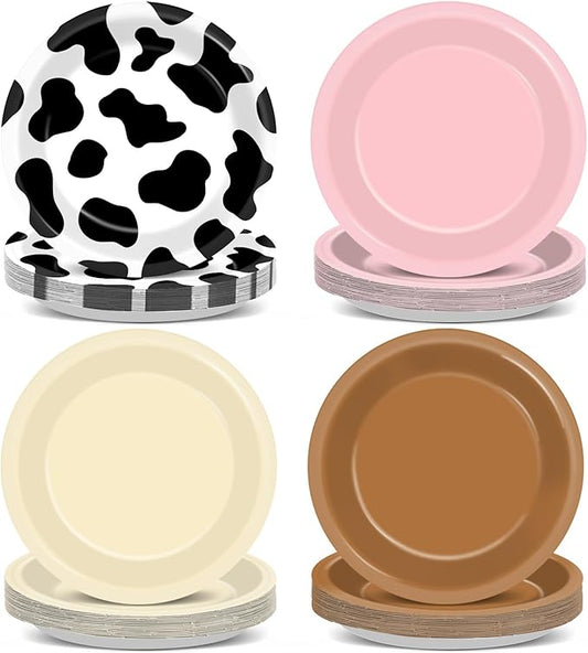 48Pcs Western Cowgirl Party Paper Plates 7" Brown Pink White Cow Print Birthday Party Supplies Cowboy Theme Disposable Dessert Dinner Plates Tableware for Girls Women Derby Day Rodeo Theme Decoration