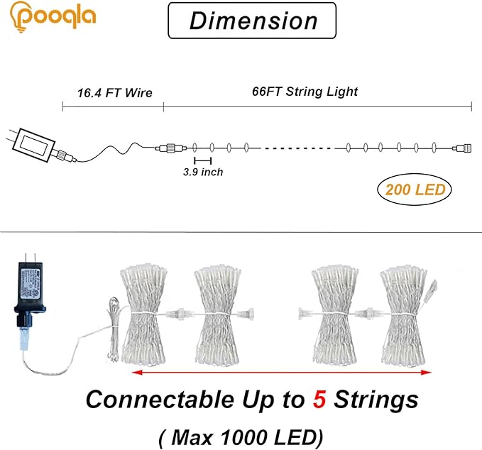 Christmas String Lights, 66 ft 200 LED Christmas Lights Plug in, Indoor Outdoor Connectable 8 Modes Clear Wire Twinkle Fairy String Lights for Xmas Tree Wedding Bedroom Party, Red and White