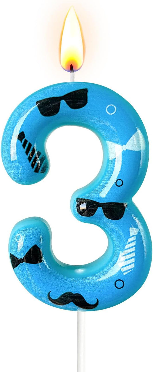 Number 3 Birthday Candle for Cake – Blue Gentleman Style with Sunglasses, Bow Tie & Mustache Design – Cool Cake Topper for Birthday Party Decoration