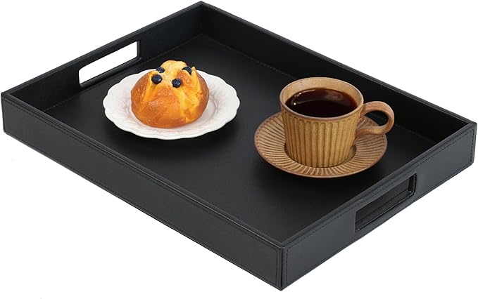 HofferRuffer Rectangle Serving Tray with Hole Handles for Coffee Table, Breakfast, Tea, Food, Butler - Countertop, Kitchen, Vanity Serve Tray, 16.2 x 12.2 x 2 inches, Faux Leather Tray (Black)