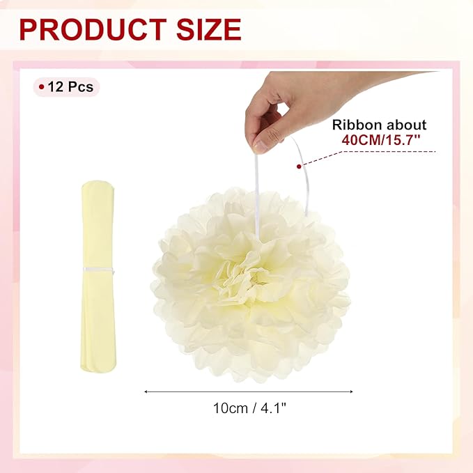 PATIKIL 4inch Tissue Paper Pom Poms, 12PCS Pom Poms Paper Flowers Ball Tissue Paper Flowers for Wedding Bridal Shower Birthday Bachelorette Party Backdrop Decoration, Beige