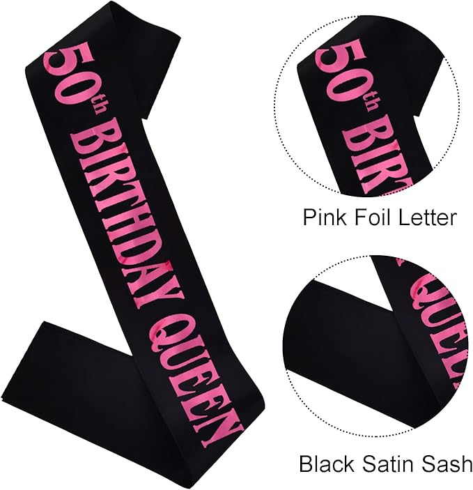 50th Birthday Queen Sash, Pink Foil Black Satin Birthday Sash for Women 50th Fabulous Birthday Party Gift Decorations Favors