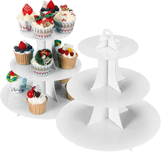 YLDW Cupcake Stand, 3-Tier Cupcake Stand Display, Cardboard Cup Cake Tower Stand, Disposable Dessert Stand for Birthday Tea Party Baby Shower Treat Decorations, White