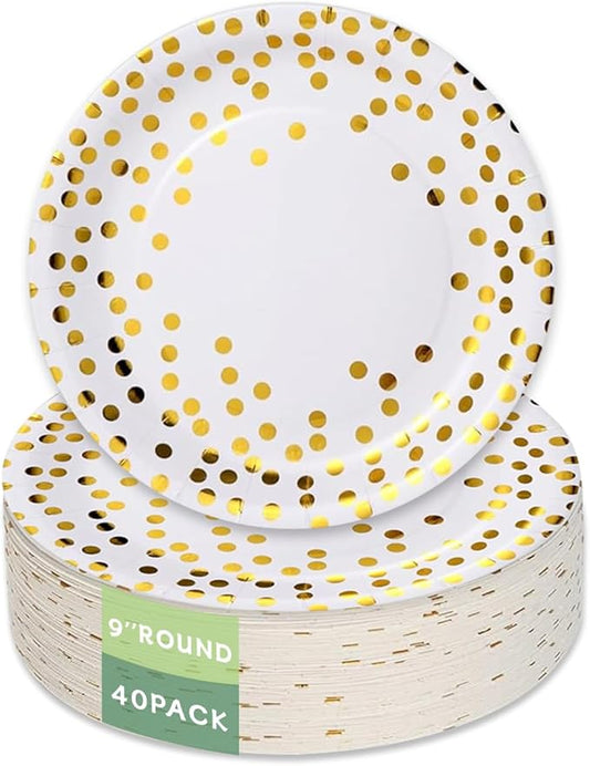 Stylish Paper Plates 40 Count,Eco Compostable Plates,Gold Foil Polka Dots White Paper Plates 9 inch Disposable Plates for Mother's day,Birthday,Wedding,Party,Dessert Plates Dinner Plates