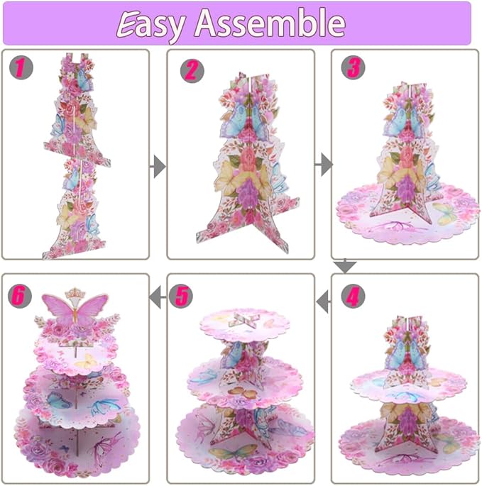 MRPAPA Buttleply 3 Tier Cupcake Tower,Pink Cardboard Cupcake Stand,2PCS Butterfly Cup Cake Holder Thick Paper Dessert Tray for Baby Girls Pink Birthday Baby Shower