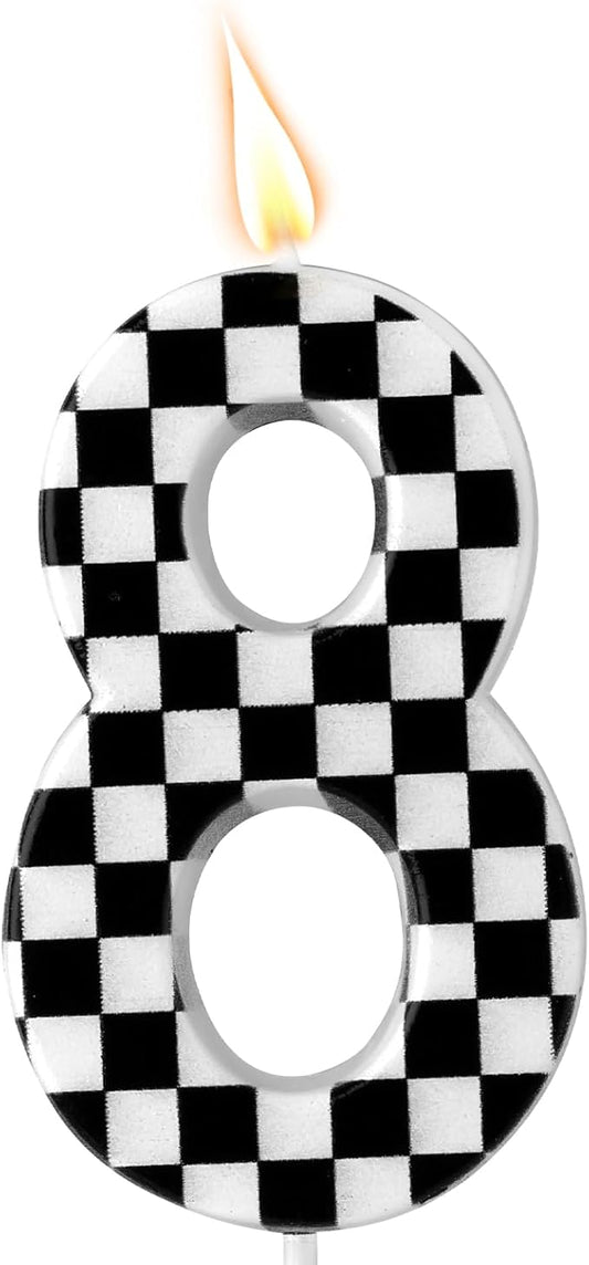 Racing Cars Themed Birthday Candle, Checkered Flag Number Candles Black and White Candles Happy Birthday Cake Topper Party Decorations for Boys Racing Cars Themed Party Supplies (Number 8)