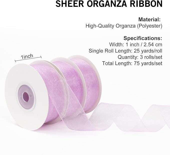 Light Purple Organza & Chiffon Tulle Ribbon - 1 Inch x 75 Yds for Gift Wrapping, Christmas, Weddings & Crafts
