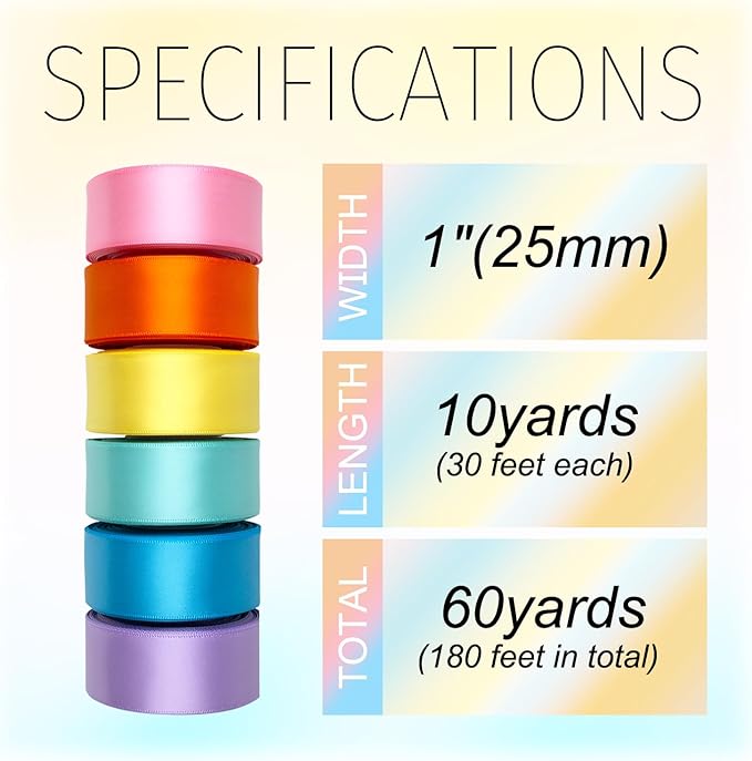 Pastel Satin Ribbon 1 Inch x 60 Yards Assorted Solid Colors Double Faced Rainbow Silk Satin Ribbons for Crafts, Easter, Baby Shower, Birthday, Wedding, Gift Wrapping, Flower Bouquets, Hair Bows