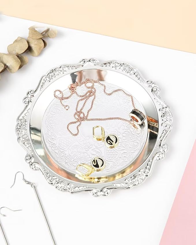 Round Decorative Tray 7.9in Metal Dessert Plates Vintage Coffee Table Tray for Snacks Fruit Silver