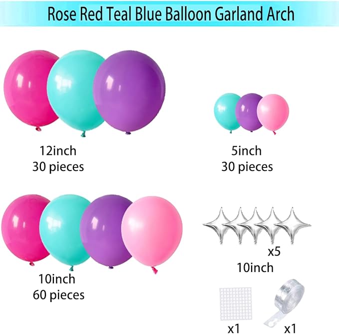 Teal Blue Purple Pink Balloon Garland Arch - Hot Pink Blue Purple Balloons Silver Star Balloons for Under The Sea Princess Girl Grown Up Birthday Baby Shower Party Decorations
