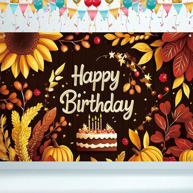 Happy Birthday Porch Banner 71x43 Inch, Large Autumn Theme Backdrop with Sunflowers ActFirst Pumpkins Leaves and Cake, Birthday Party Decorations for Indoor Outdoor Yard Patio