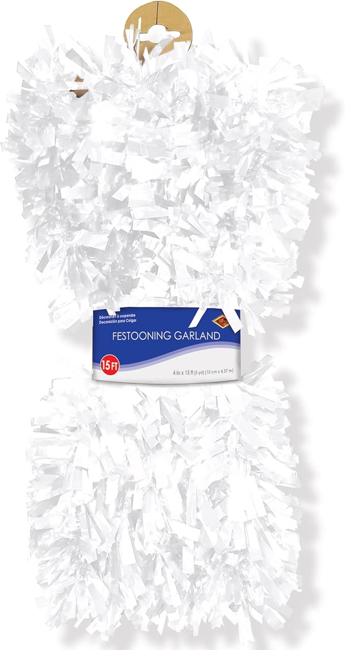 Beistle Metallic Festooning Garland Birthday Party Supplies, Hanging Decorations, 4" x 15', White