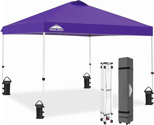 EAGLE PEAK Pop Up Canopy Tent with Wheeled Carry Bag, 8 Stakes, 4 Ropes, 4 Weight Bags, Easy Set Up Tent Canopy, 10x10 ft, 100sqft of Shade, Purple