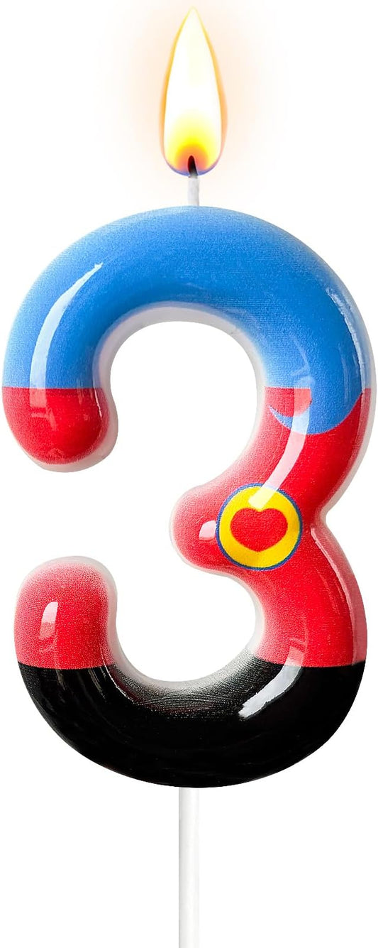 Number 3 Birthday Candle for Cake – Red Blue Cartoon Hero Style with Heart Design – Cute Cake Topper for Birthday Party Decoration