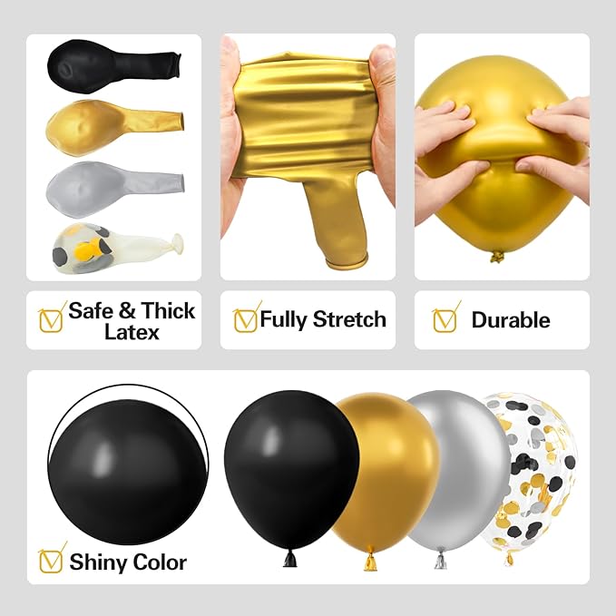 137Pcs Black Gold and Silver Balloons Garland Arch Kit with Stars - 5 10 12 18 inch Black Gold Silver Latex Party Balloons for New Year Birthday 2026 Graduation Retirement Party Decoration