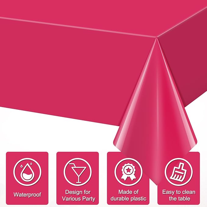 3Pcs Hot Pink Tablecloth,Disposable Plastic Tablecloths,Waterproof Hot Pink Rectangle Table Cover for Graduation Birthdays Weddings Anniversary Party Decorations,54 x 108 Inch