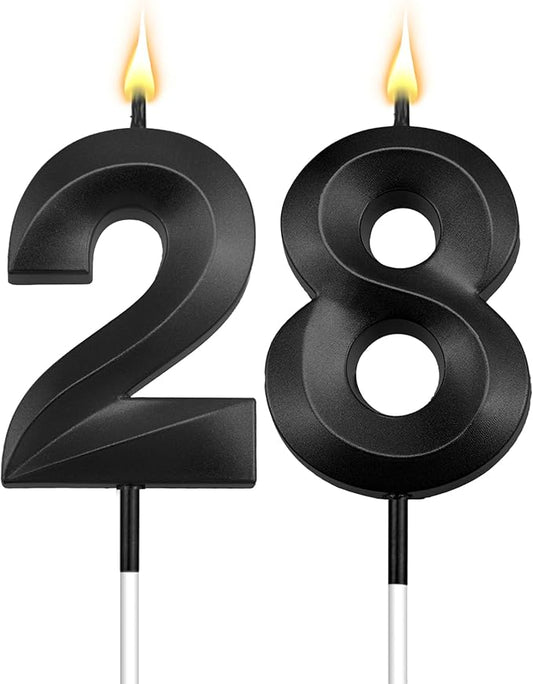 28th Birthday Candles 28 Candles for 28th Birthday Decorations for Boys Happy 28 Birthday Cake Topper Black Birthday Candles Black Number Candles (28)