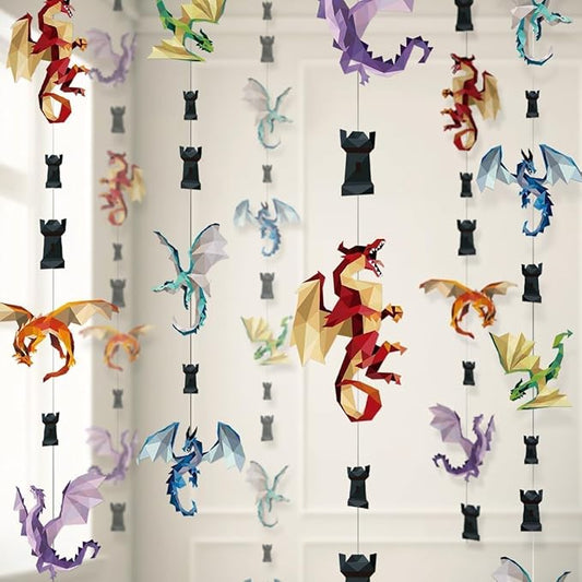 Cheerland Dragon Party Decorations Medieval Dragon Decoration Hanging Fire Wings Garland Geometric Fantasy Castle Streamer Banner Decoration Fantasy Birthday Renaissance Theme Backdrop Pack of 6