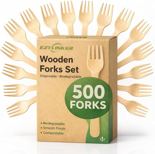 500 Wooden Forks, Disposable Wooden Cutlery Set - Alternative to Plastic, Eco Friendly, Biodegradable, Compostable Cutlery Set - 500 Compostable Forks, Disposable Utensils Set