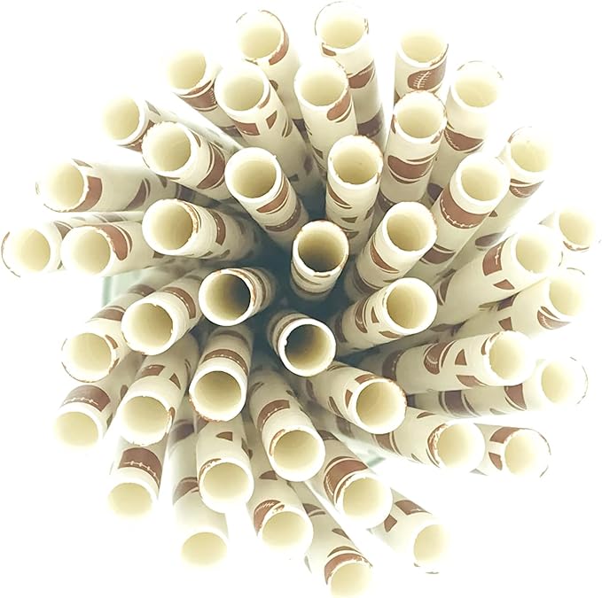 100 pcs Sports Party Paper Straws, White Brown Rugby Football Bar Soda Juice Drinking Straws, Craft Disposable Beverage Game Day Decor Biodegradable Cake Pop Sticks (White With Football)