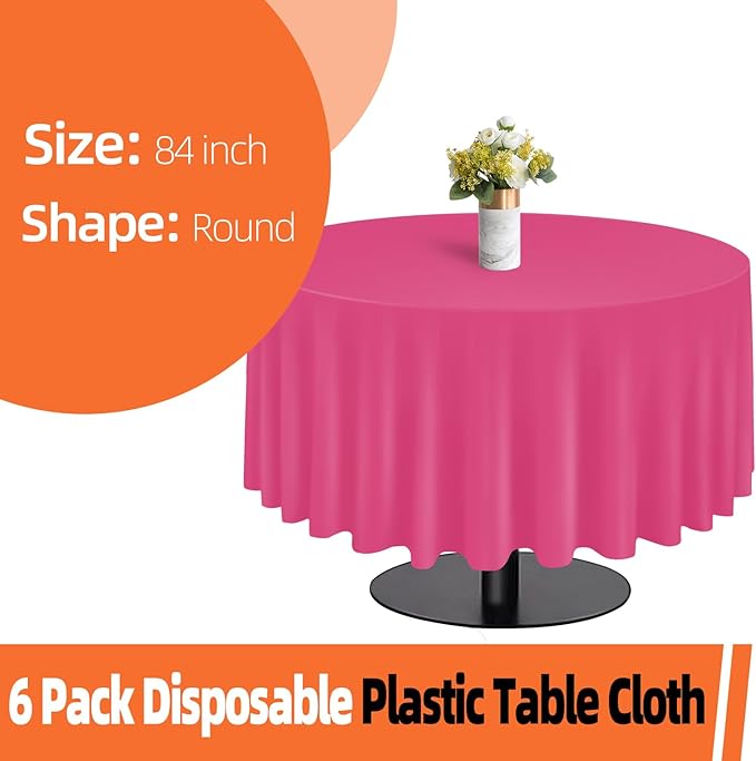 tujol Hot Pink 6 Pack Plastic Table Cloth 84", Disposable Round Tablecloth Table Cover, Plastic Tablecloths for Parties