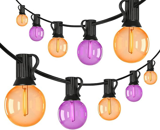 25FT Halloween String Lights Outdoor Plug-In, 25 G40 LED Bulbs & 2 Spare, E12 Base, 2700K Warm White, Shatterproof, Outdoor Halloween Decorations for Garden Patio Christmas, Clear Purple Orange