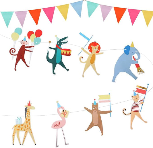 Fullhawl Animal Parade Party Banner with 12 Pcs Colorful Pennant Banner Flag, 10' Strand Including Excess Cord Animal Birthday Party Hanging Garland Decorations Baby Showers Supplies