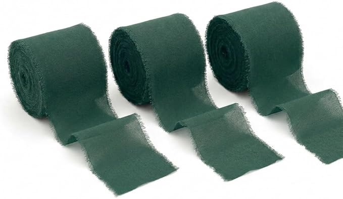 Handmade Chiffon Ribbon 1.5 Inch Wide, 3 Rolls 21 Yards, Dark Green Frayed Edge Fabric Ribbon for Botanical Wedding Decor, Floral Design & Gift Styling(Dark Green)