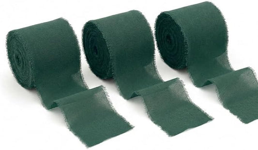 Handmade Chiffon Ribbon 1.5 Inch Wide, 3 Rolls 21 Yards, Dark Green Frayed Edge Fabric Ribbon for Botanical Wedding Decor, Floral Design & Gift Styling(Dark Green)