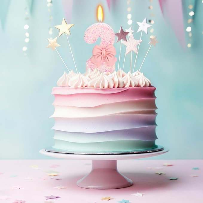 Birthday Candle for Cake, 2 Candle - Pink Glitter with Bowknot, 2.76 inch Happy Birthday Candle, Cake Topper Decoration for 2 Years Old Birthday Party (Number 2)