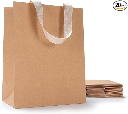Brown Kraft Paper Gift Bags, 20pcs Medium Size, 8"x4.25"x10.5" - Perfect for Parties, Birthdays, Weddings, Shopping & Retail