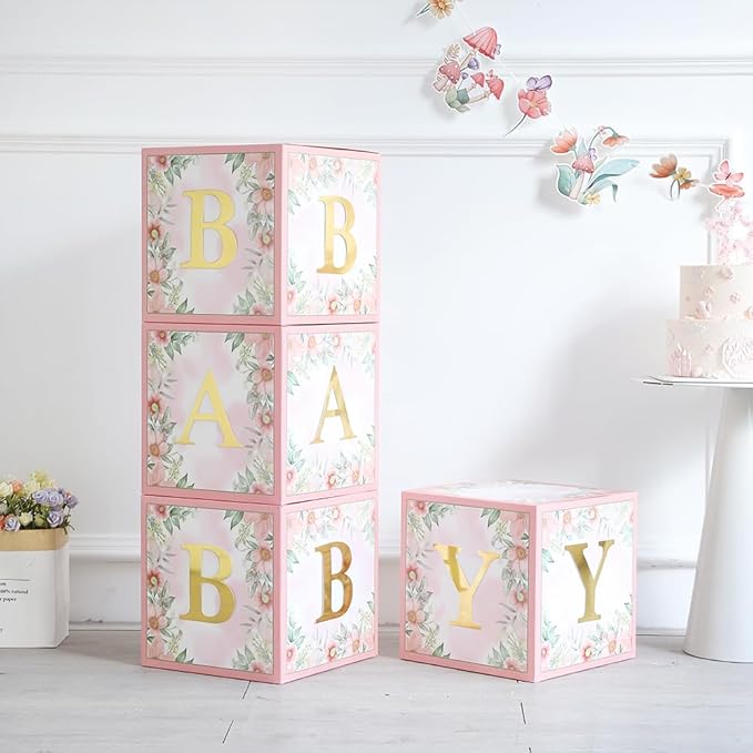 Wildflower Party Decorations Floral Baby Balloon Blocks Boxes with Letters for Girls Baby Shower Birthday Bridal Shower Baby in Bloom Spring Party Decoration