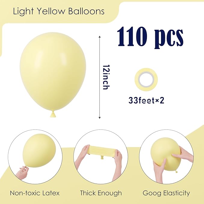 Voircoloria 110pcs Pastel Yellow Balloons 12inch Light Yellow Latex Party Balloons for Graduation, Easter, Wedding, Birthday, Bridal Shower, Sunflower Party, Baby Shower, Anniversary Party Decorations