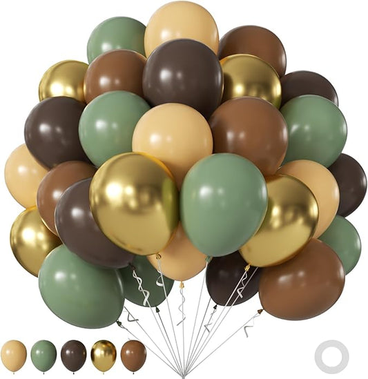 Green and Brown Balloons, 60Pcs 12Inch Sage Green Dark Brown Nude Gold Balloons for Jungle Woodland Baby Shower Birthday Party Decorations