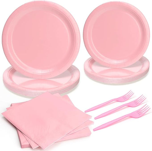 96pcs Disposable Solid Tableware Set Paper Plates Round for 24 Guests Party Table Supplies Birthday Picnic Wedding (Include Plates, Forks and Napkins) - Pink