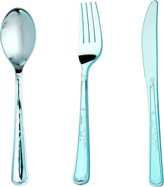 180 Pack Disposable Light Blue Plastic Silverware Contain 60 Forks,60 Spoons,60 Knives, Solid and Durable Plastic Cutlery Utensils Set Perfect for Parties,weddings.