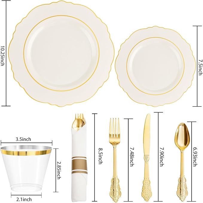 Liacere 350PCS Ivory Plastic Plates-Cream Disposable Plates With Gold Rim-50Guest Baroque Plastic Dinnerware include 100 Plates - 50 Pack Pre Rolled Napkins Silverware 50Cups for Wedding＆Mother's Day