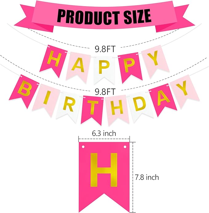 Pre-Strung Pink Happy Birthday Banner Sign, Pink Happy Birthday Party Decorations for Women Girls