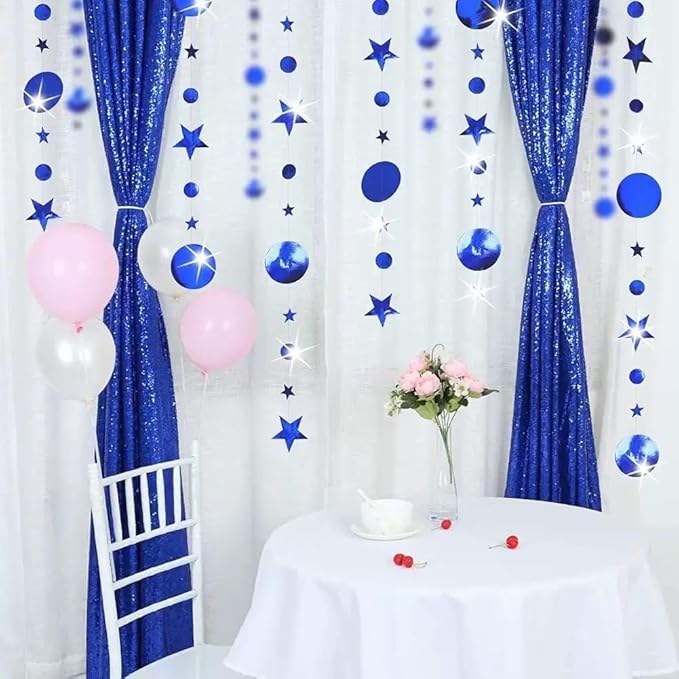 Dark Blue Party Decoration Dark Blue Star Circle Dot Hanging Garland Streamer Decorations Glitter Star Bunting Banner Twinkle Backdrop for Engagement Wedding Anniversary Baby Shower Birthday Christmas