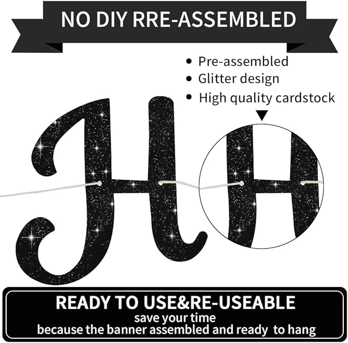 BEISHIDA Happy Birthday Banner - NO DIY,Black 10Feet Pre-Strung-Glitter Birthday Sign Garland Backdrop Decorations for Women men Party