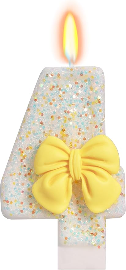 Birthday Candle for Cake, Yellow Bow Cake Candles, Cake Topper Decoration for Birthday Party (Number 4)