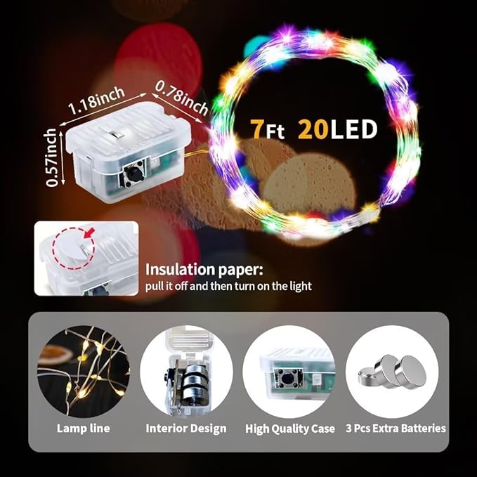 pozzolanas 50 Pack Multi-Colored Fairy Lights Battery Operated 3 Modes 7FT 20 LED Waterproof String Lights Twinkle Silver Wire for Mason Jars Wedding Christmas Halloween Decor (50, Multi-Colored)