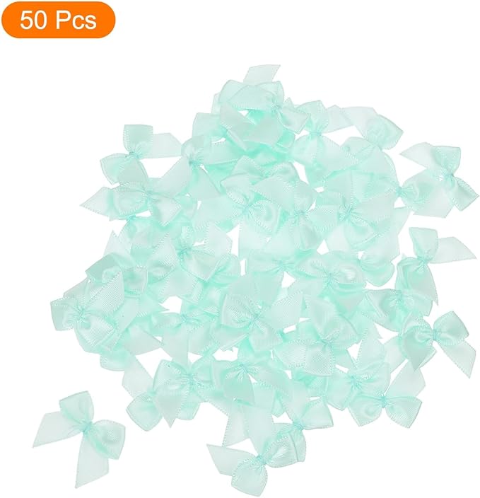 MECCANIXITY 50 Pcs Mini Ribbon Bow 1" Mini Fabric Satin Ribbon Flower Bows for Craft DIY Sewing Wedding Birthday Party Gift Wrap Bows Light Green
