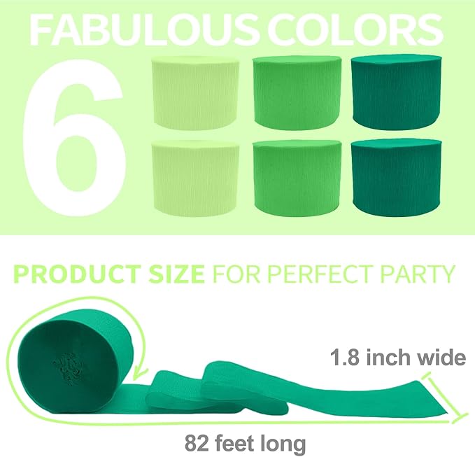 6 Crepe Paper Streamers Rolls, 492ft Green Paper Streamers Party Supplies for Birthday Wedding Graduation Anniversary St. Patricks Day Decoration (1.8 inch x 82 ft/Roll)