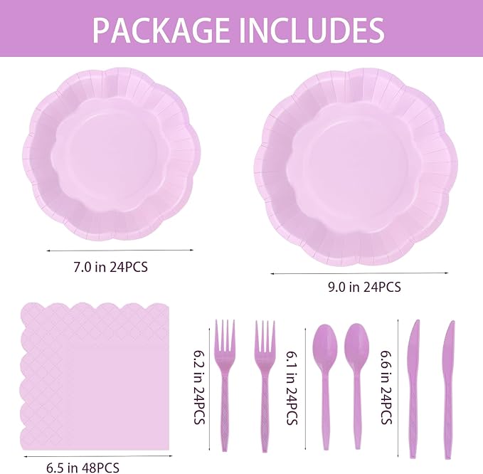 168 Pcs Lavender Party Supplies, Scalloped 9" & 7" Disposable Paper Plates with Napkins and Cutlery, Pastel Purple Tableware Set for Birthday, Baby Shower, Wedding, Mother?™s Day, Serves 24