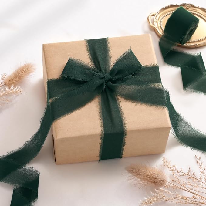 DORIS HOME Green and Cream Chiffon Ribbon for Flower Bouquet, 1" x21Yd Fabric Ribbon for Gift Wrapping, Handmade Frayed Ribbon for Wedding Invitations/Christmas Decorations
