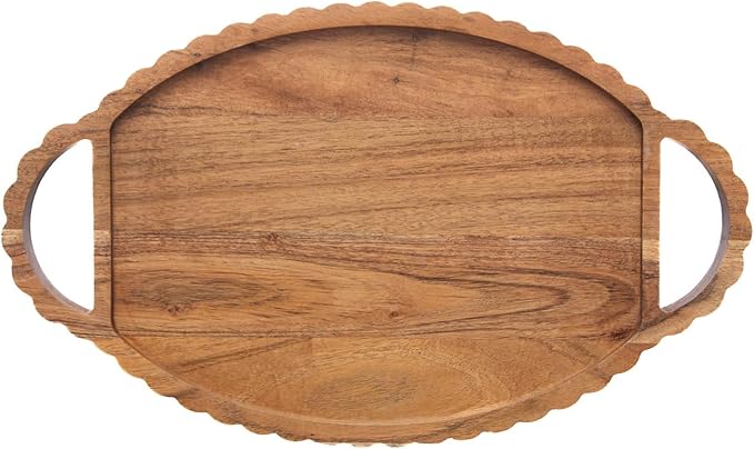 Boston International Acacia Wood Decorative Serving Tray with Scalloped Edges, 17" x 10"