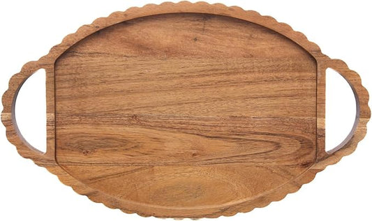 Boston International Acacia Wood Decorative Serving Tray with Scalloped Edges, 17" x 10"